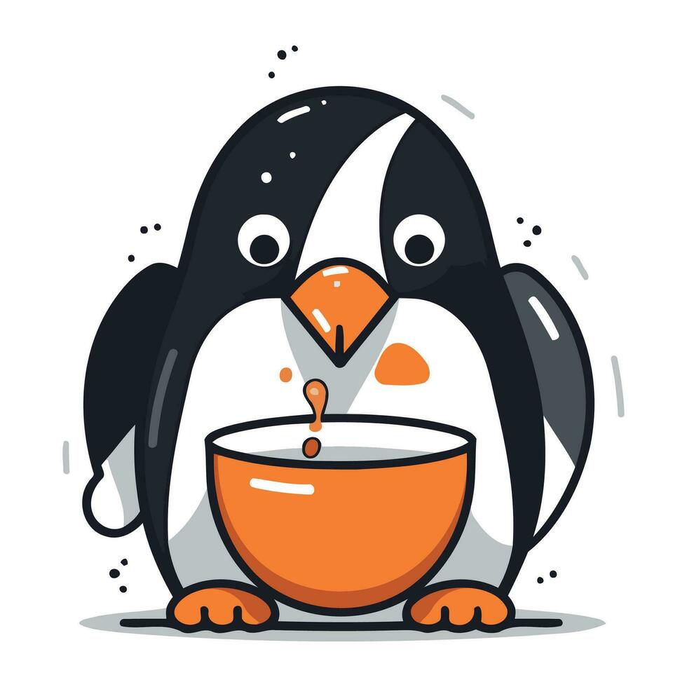 Penguin with bowl of soup. Cute cartoon vector illustration.