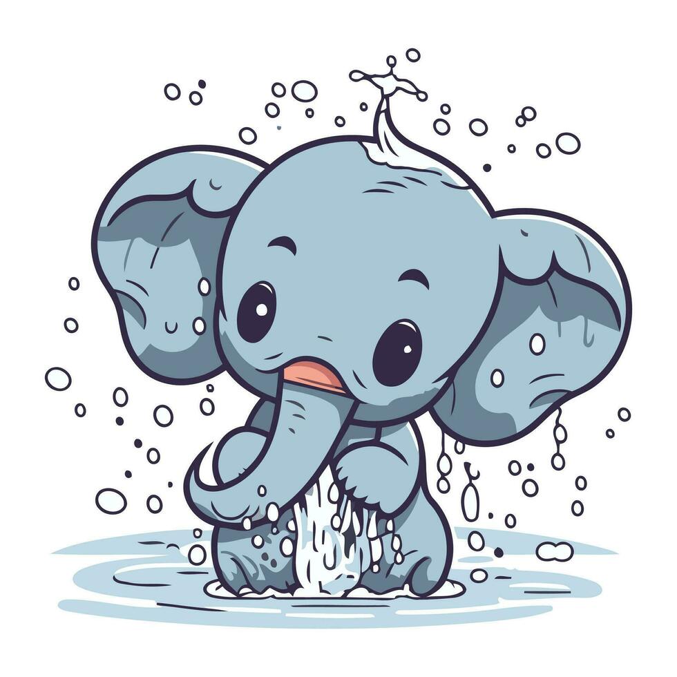 cute cartoon elephant with splashes of water. Vector illustration.