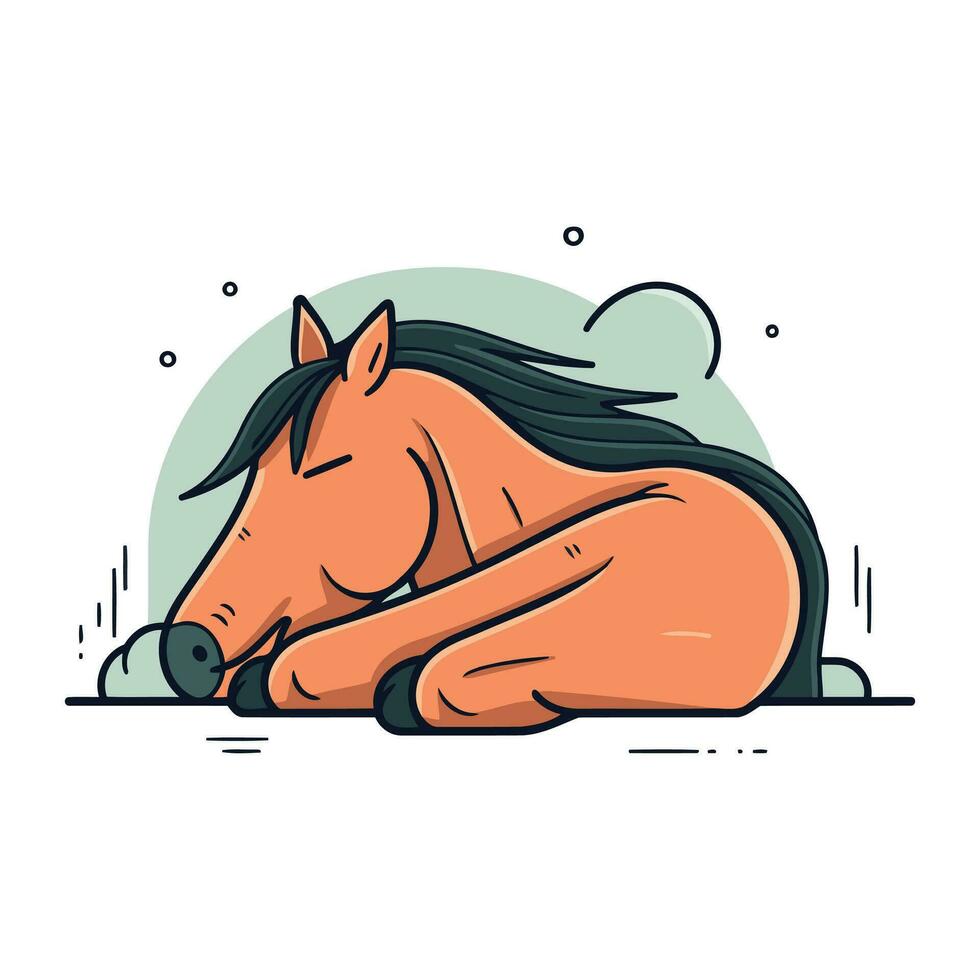 Horse sleeping on the ground. Vector illustration in line style.