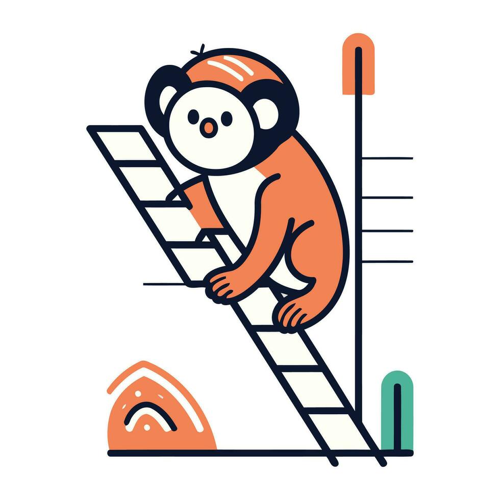 Cute monkey climbing up the ladder. Flat style vector illustration.