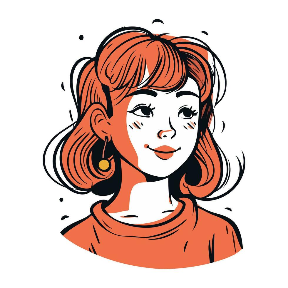 hermosa niña con rojo cabello. vector ilustración en bosquejo estilo.