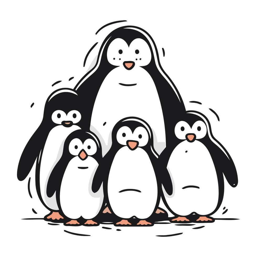 Penguin family. Black and white vector illustration on white background.