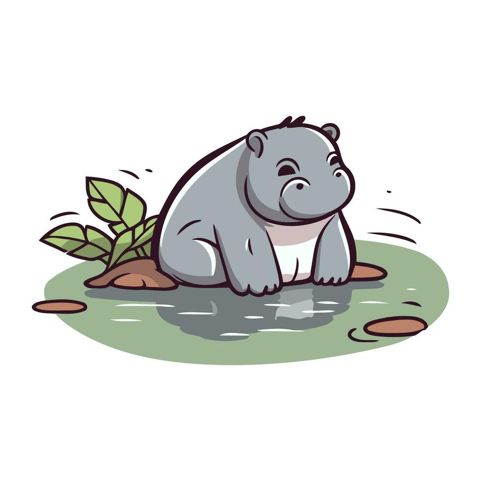 Cute hippopotamus on the bank of the river. Vector illustration