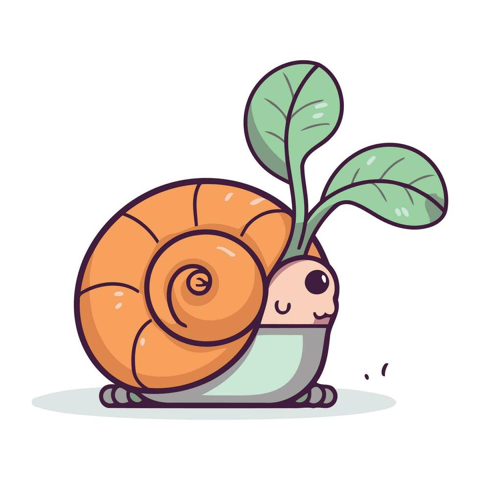 Snail with green sprout. Vector illustration in cartoon style.