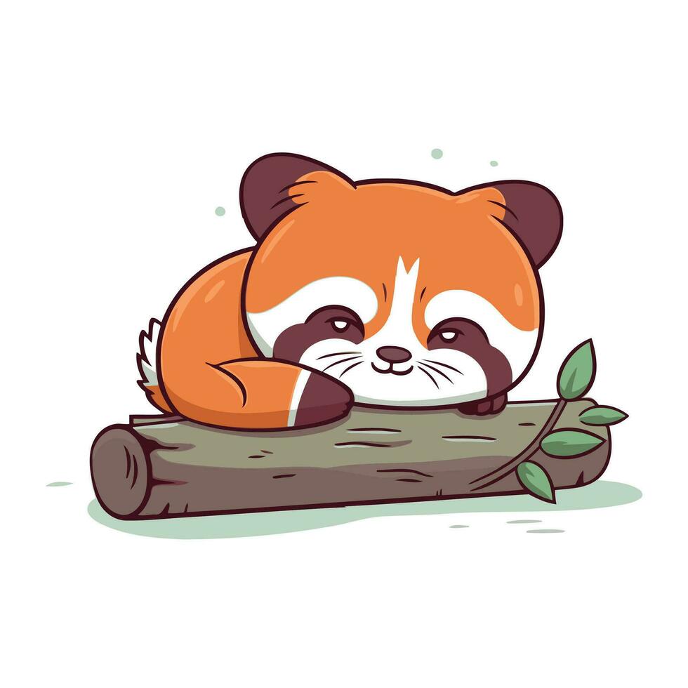 Cute red panda lying on the log. Vector illustration.