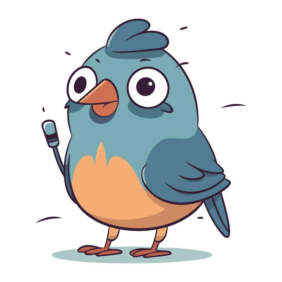 Vector illustration of cute cartoon blue bird character with electric cable on white background.