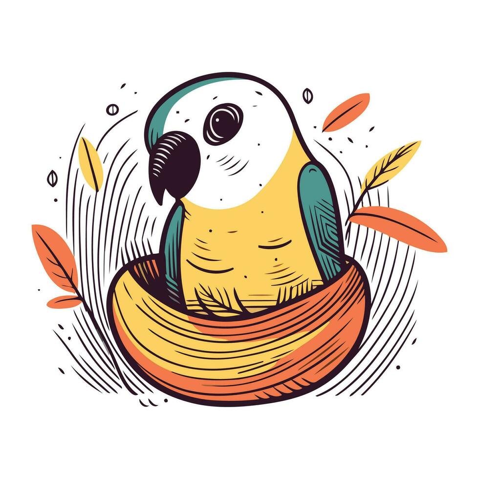 Cute parrot sitting in the nest. Hand drawn vector illustration.