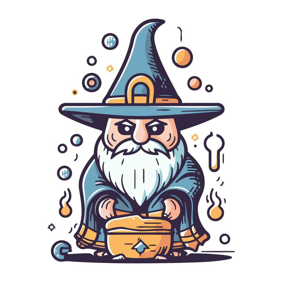 Wizard in a hat and a pot of gold. Vector illustration