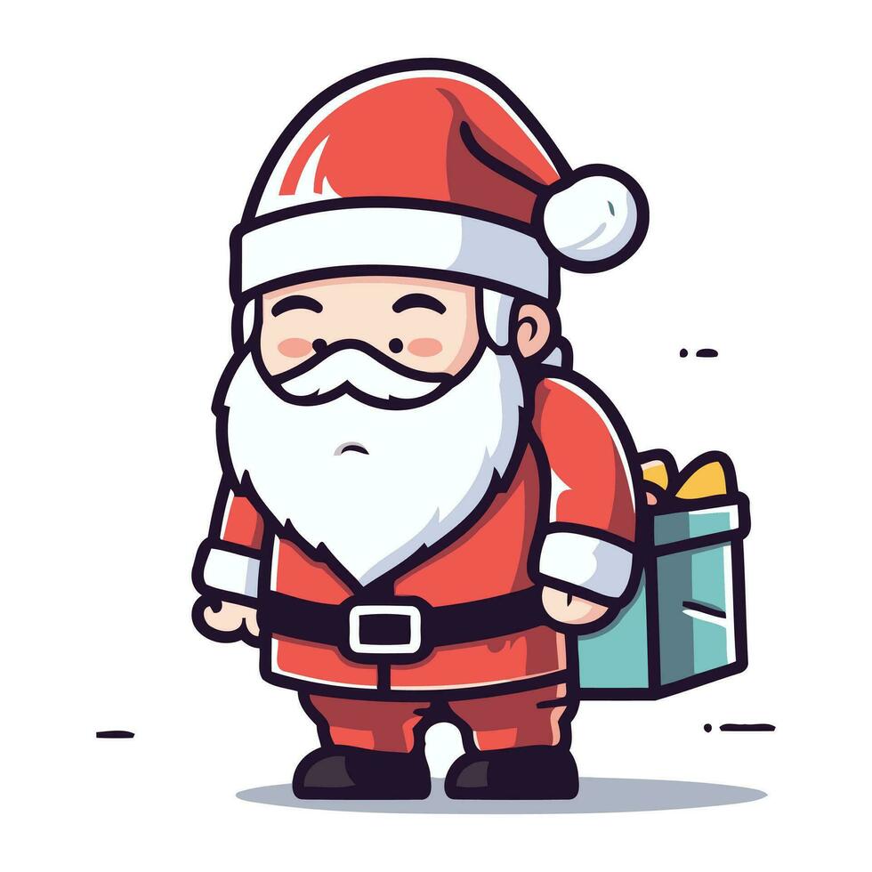 Santa Claus holding gift box. Vector illustration in flat cartoon style.