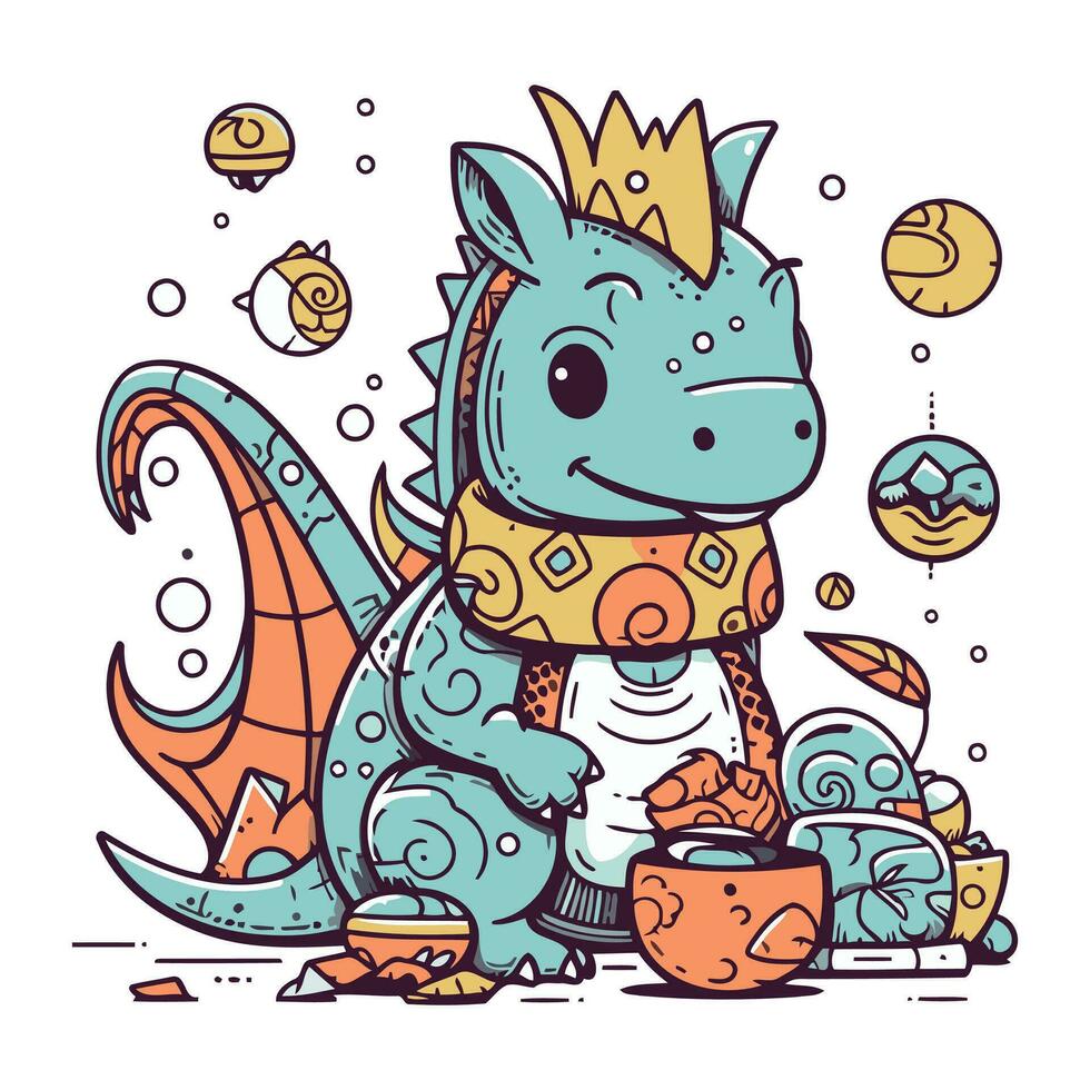 Cute cartoon dragon with a crown and a bowl of tea. Vector illustration.