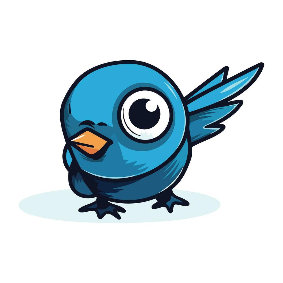 Cute blue bird with wings isolated on white background. Vector illustration.