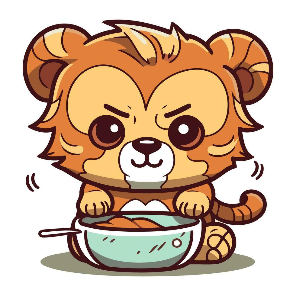 Cute cartoon lion eating food from a bowl. Vector illustration.