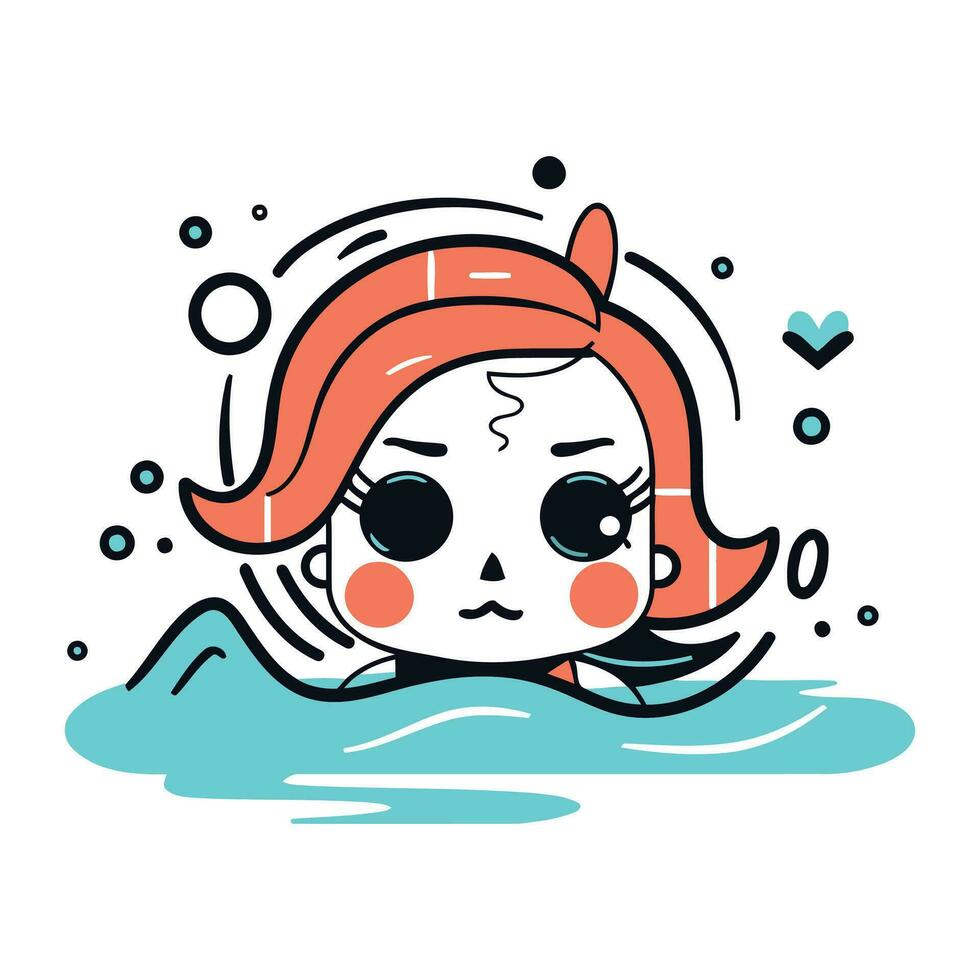 Cute kawaii girl swimming in the water. Vector illustration.
