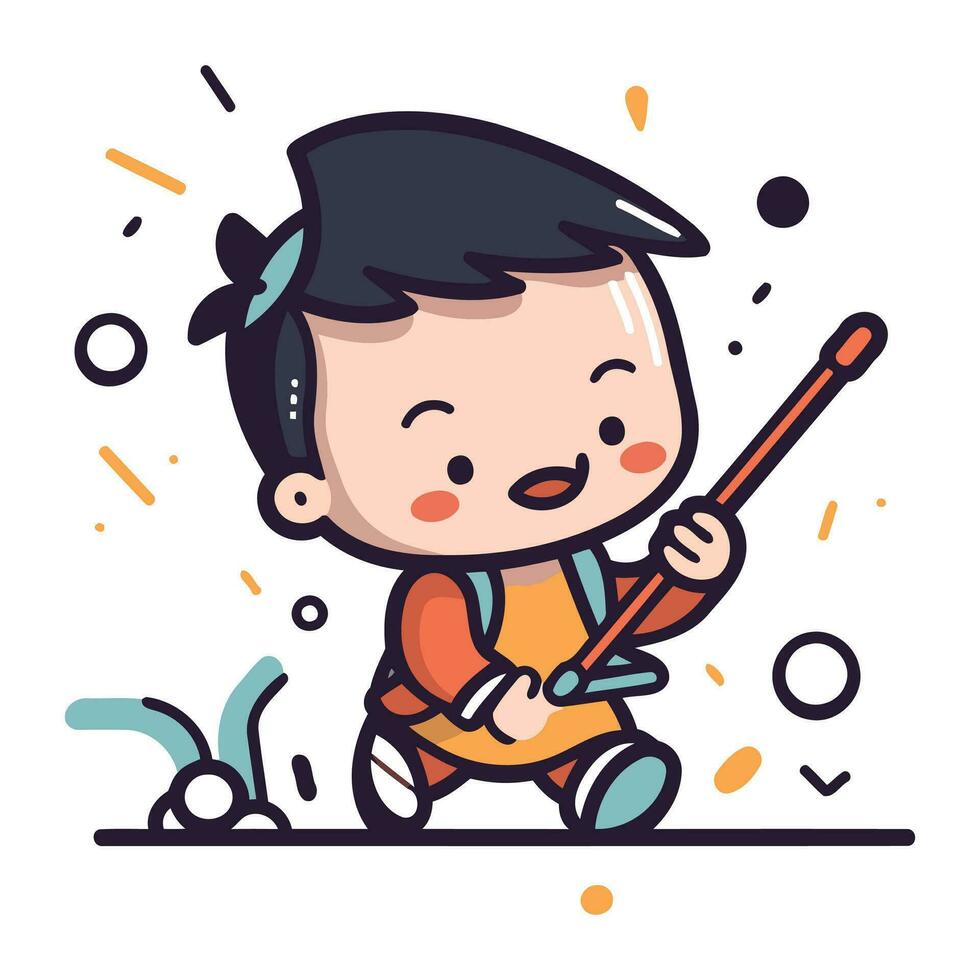 Cute little boy playing with a stick. Vector illustration in cartoon style.