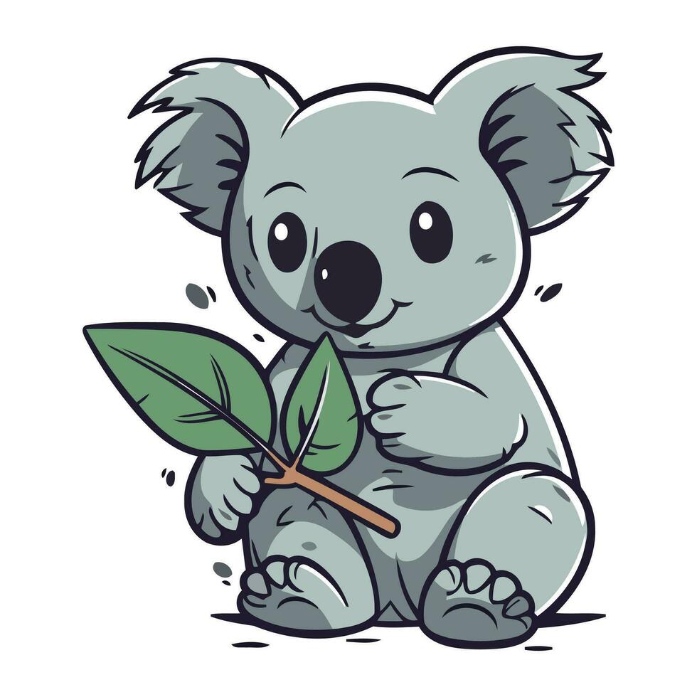 Cute cartoon koala holding a green leaf. Vector illustration.