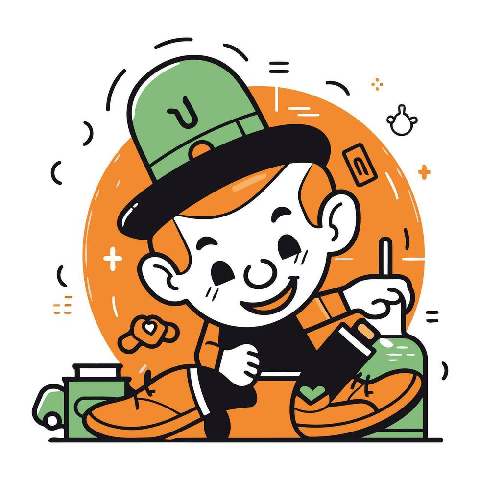 Cute little boy in leprechaun costume. Vector illustration