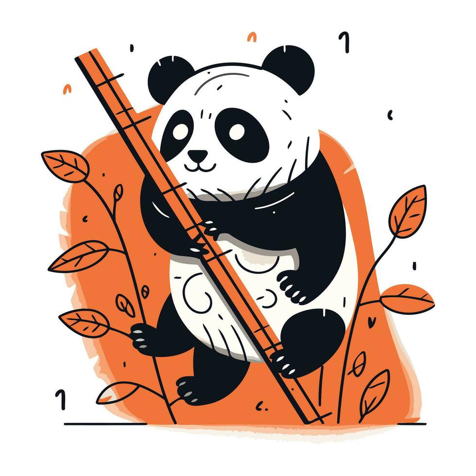 Cute panda with bamboo sticks and leaves. Vector illustration.