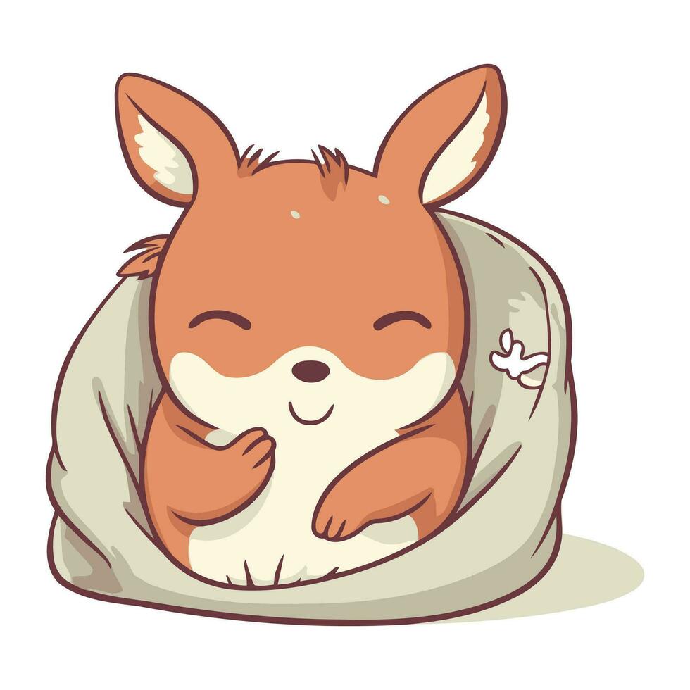 Cute kawaii fox sleeping in a bag. Vector illustration.