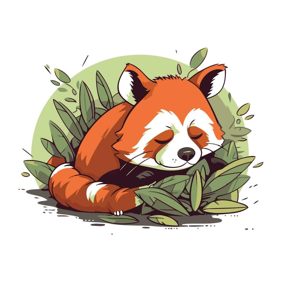 Cute red panda lying on green leaves. Vector illustration.