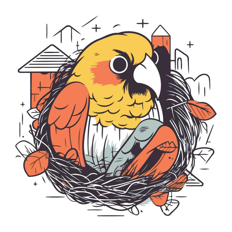 Cute parrot in a birds nest. Vector illustration.