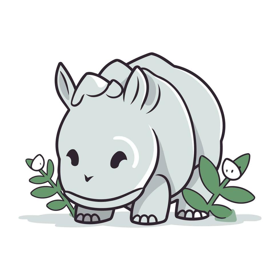 Cute rhinoceros with flowers and leaves. Vector illustration.