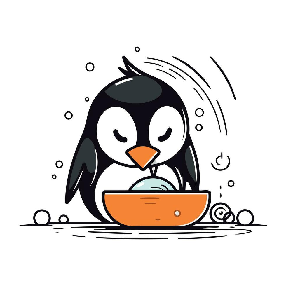 Cute penguin with a bowl of food. Vector illustration.