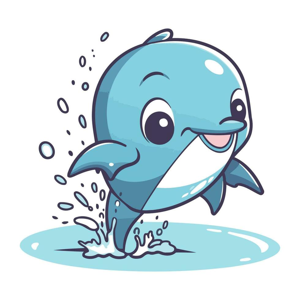 Cute cartoon dolphin jumping out of the water. Vector illustration.