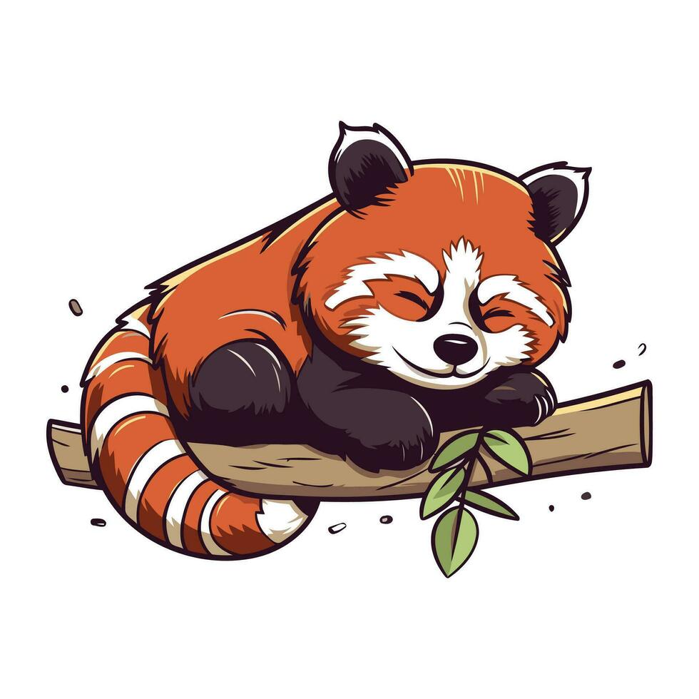 Cute red panda sleeping on a branch. Vector illustration.