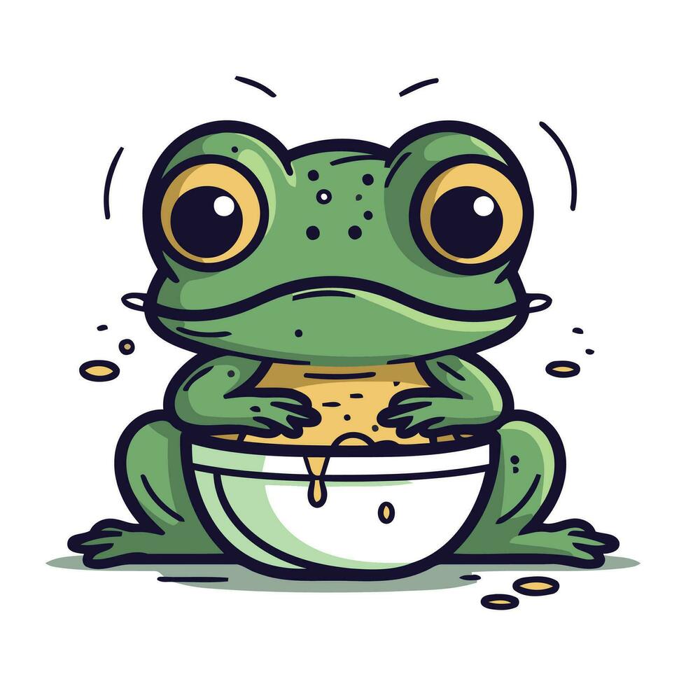 Cute cartoon frog with a bowl of water. Vector illustration.