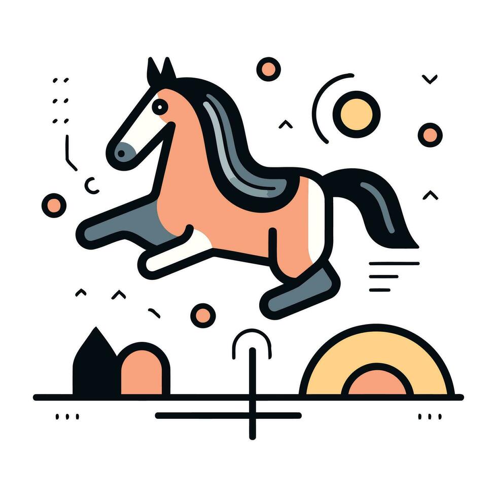Vector illustration in flat line style. Horse jumping on the field.