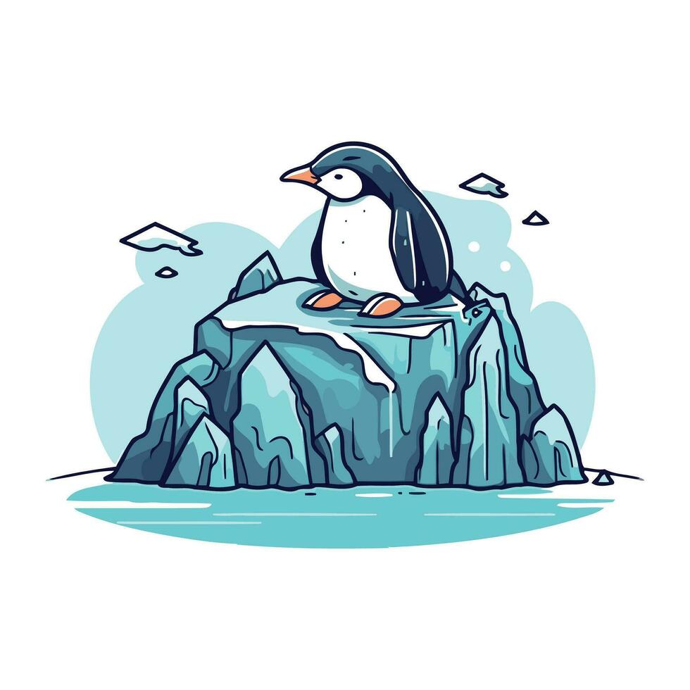 pingüino sentado en un rock en el mar. vector ilustración.