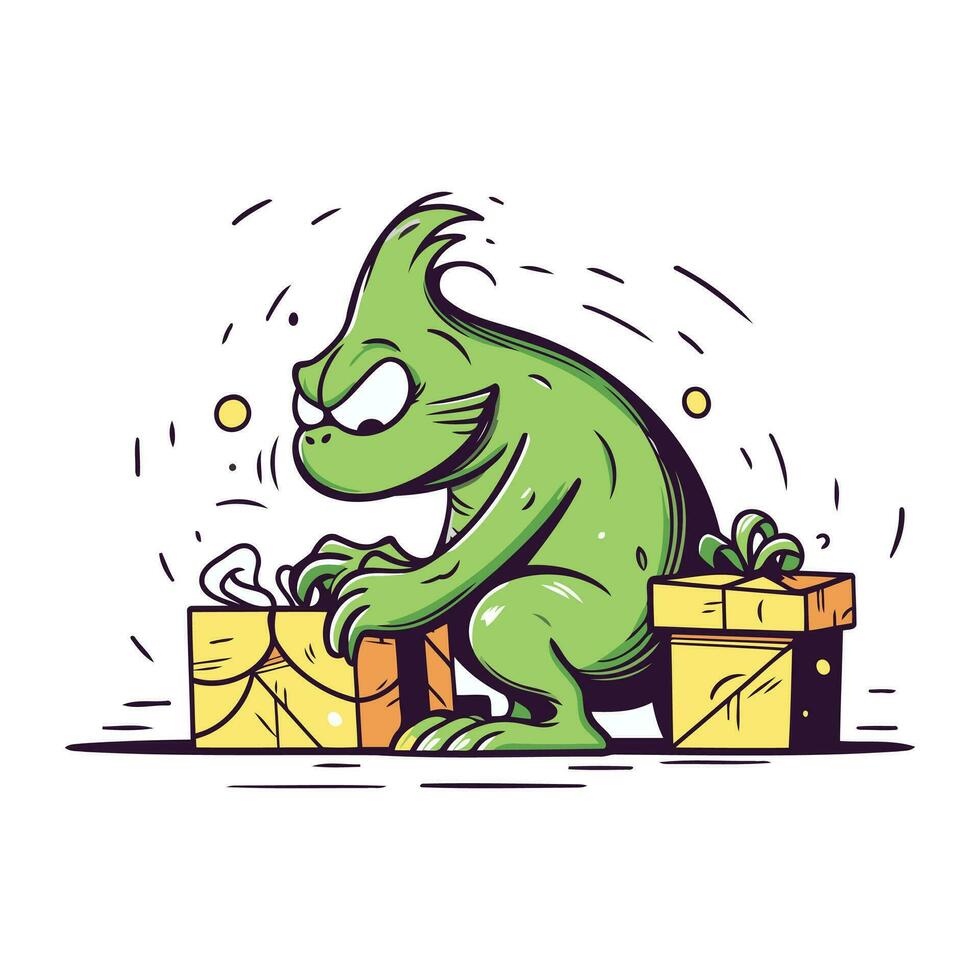 Funny green dragon with gift boxes. Vector hand drawn illustration.