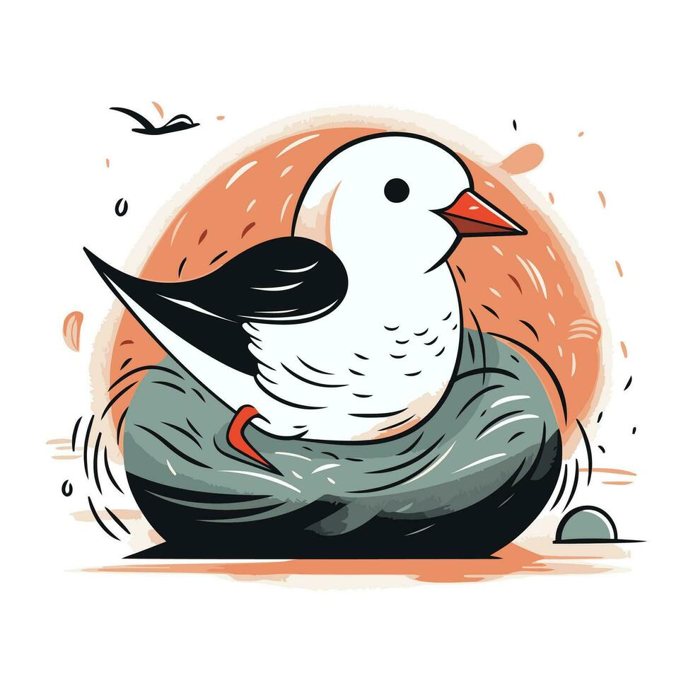 Seagull sitting on a nest. Hand drawn vector illustration.