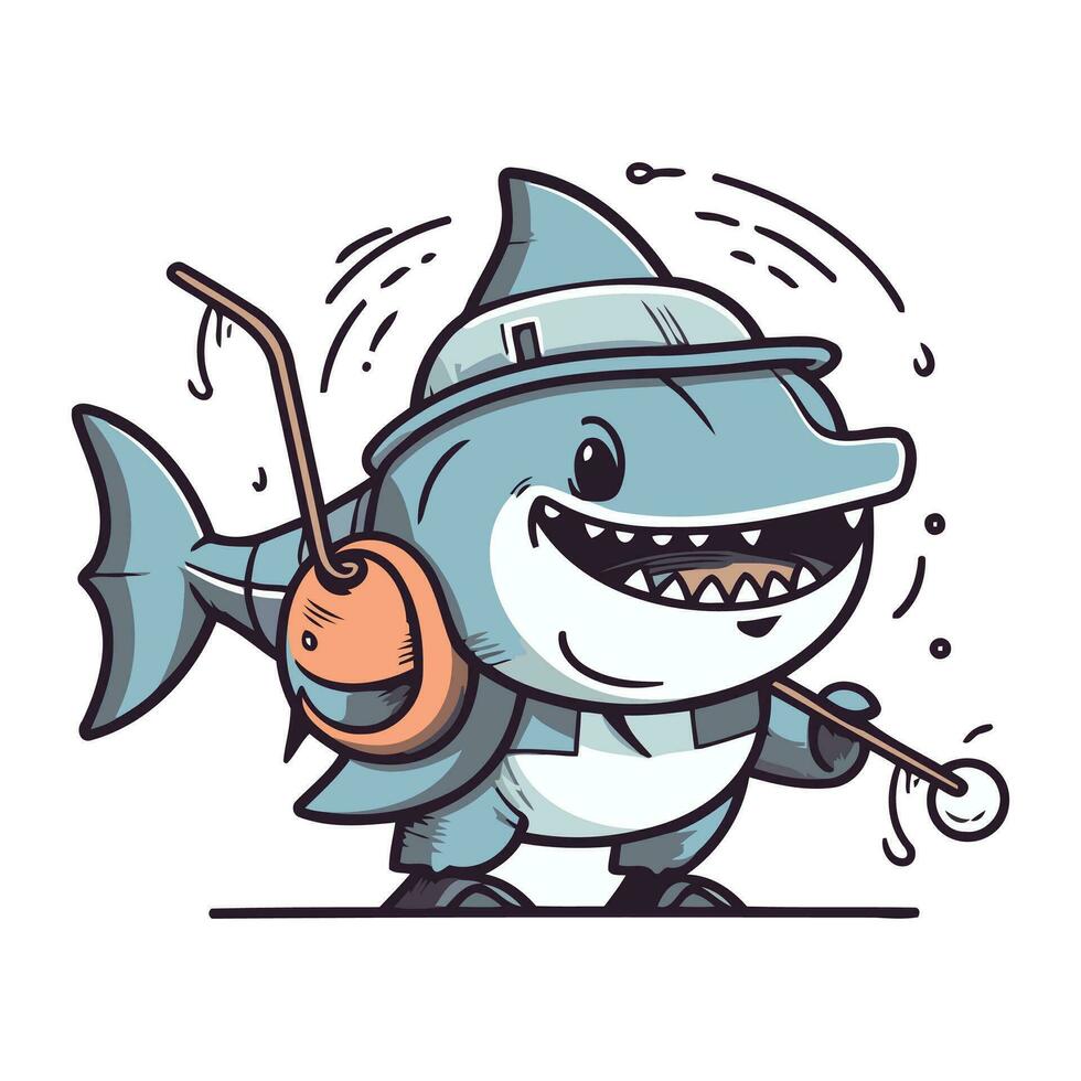 Cartoon shark with fishing rod and fishing rod. Vector illustration.