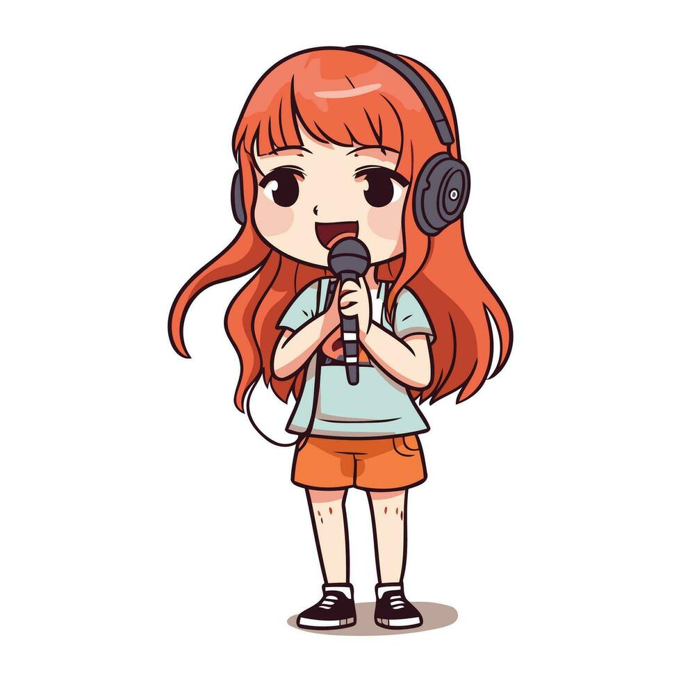 Cute girl singing karaoke with microphone. Vector illustration.