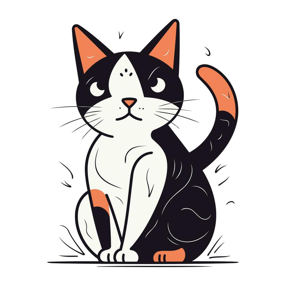 Vector illustration of a cute black cat with orange eyes sitting on a white background.