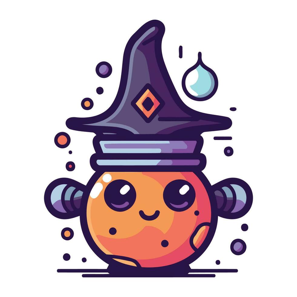 linda Víspera de Todos los Santos calabaza personaje con bruja sombrero vector ilustración.