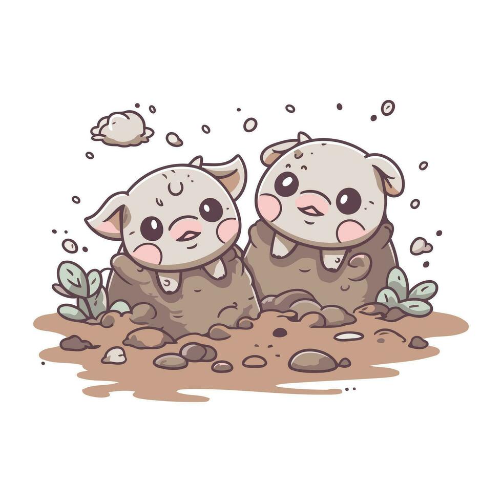 Cute pig and piggy in the mud. Vector illustration.