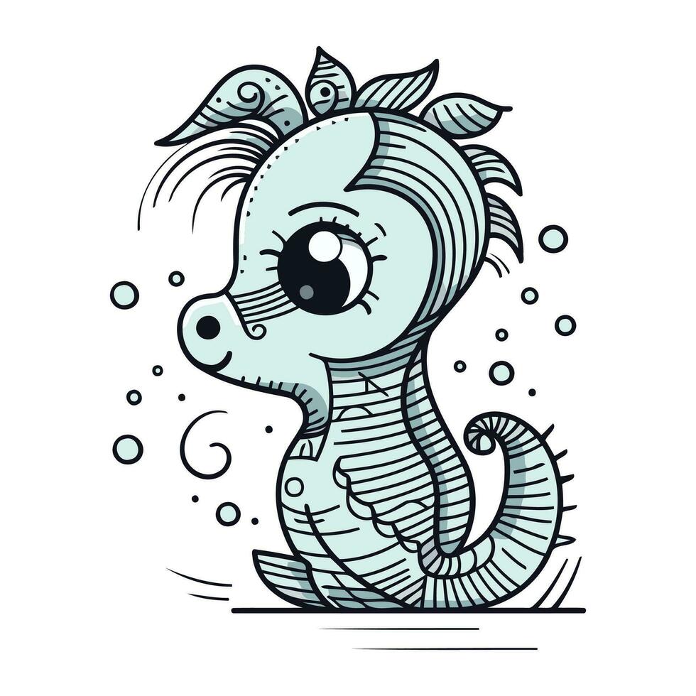 Cute cartoon sea horse. Hand drawn vector illustration in doodle style.