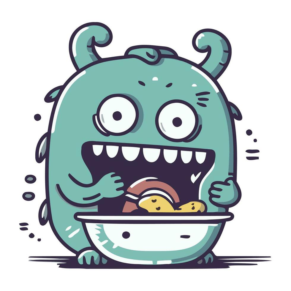 gracioso dibujos animados monstruo con un cuenco de alimento. vector ilustración.