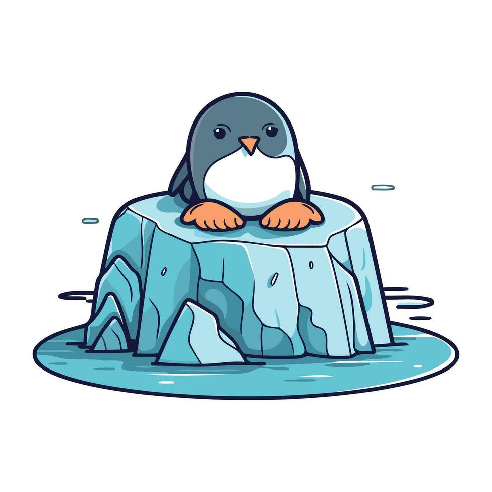 linda dibujos animados pingüino sentado en hielo cubo. vector ilustración.