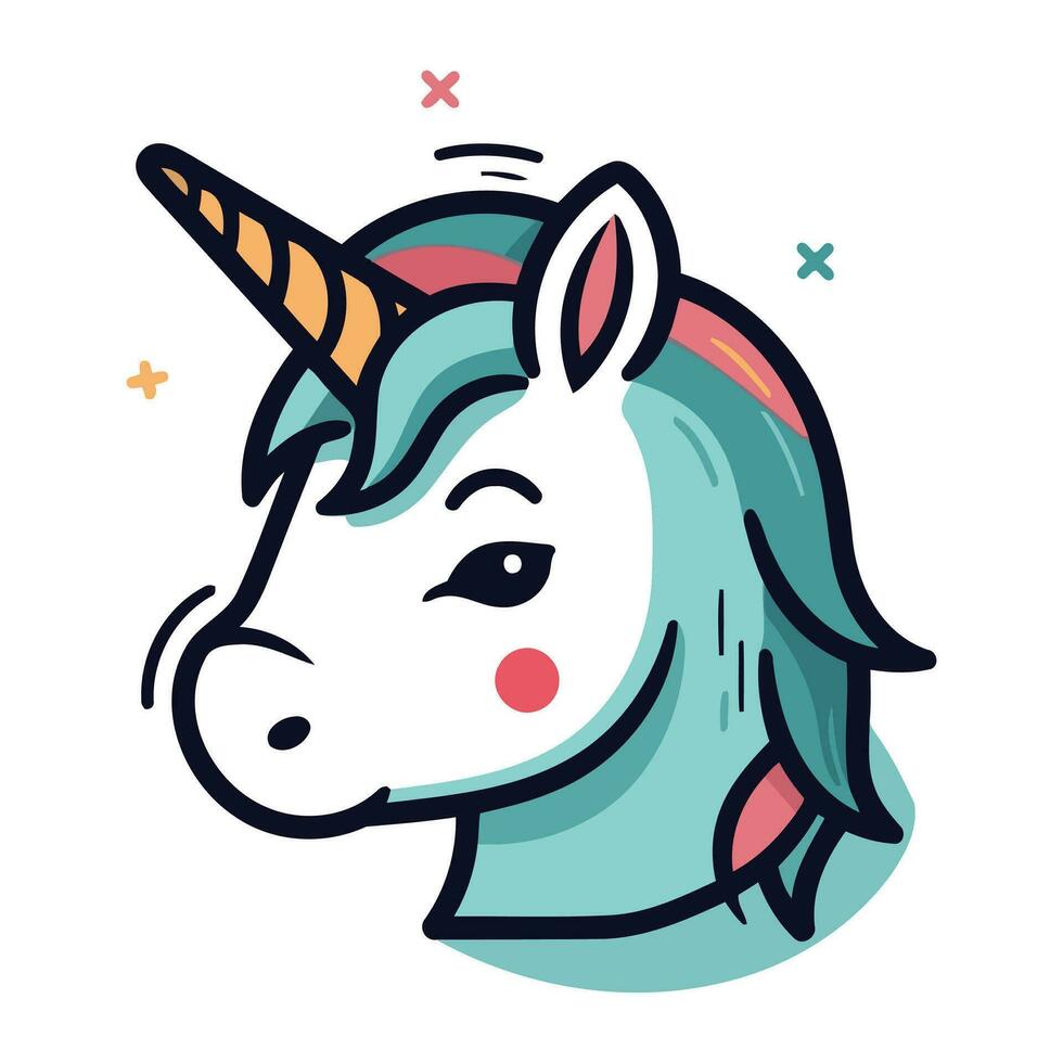 Cute unicorn head. Vector illustration in cartoon style. Isolated on white background.