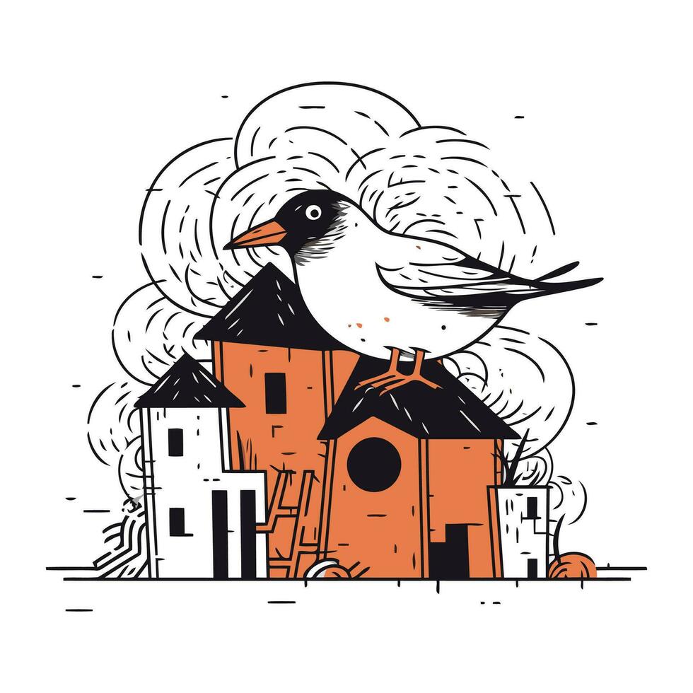 Vector illustration of a bird sitting on the roof of a house in the village
