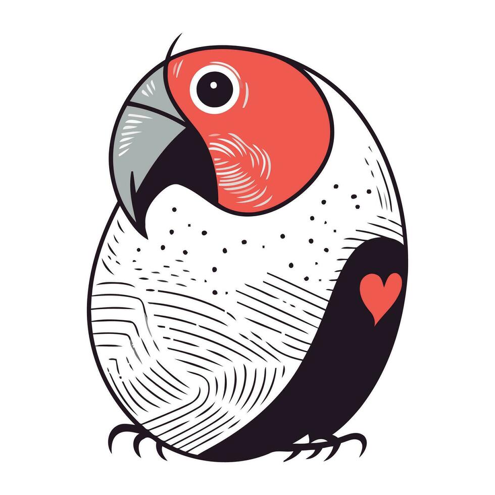 Cute parrot with red heart in its beak. Vector illustration.