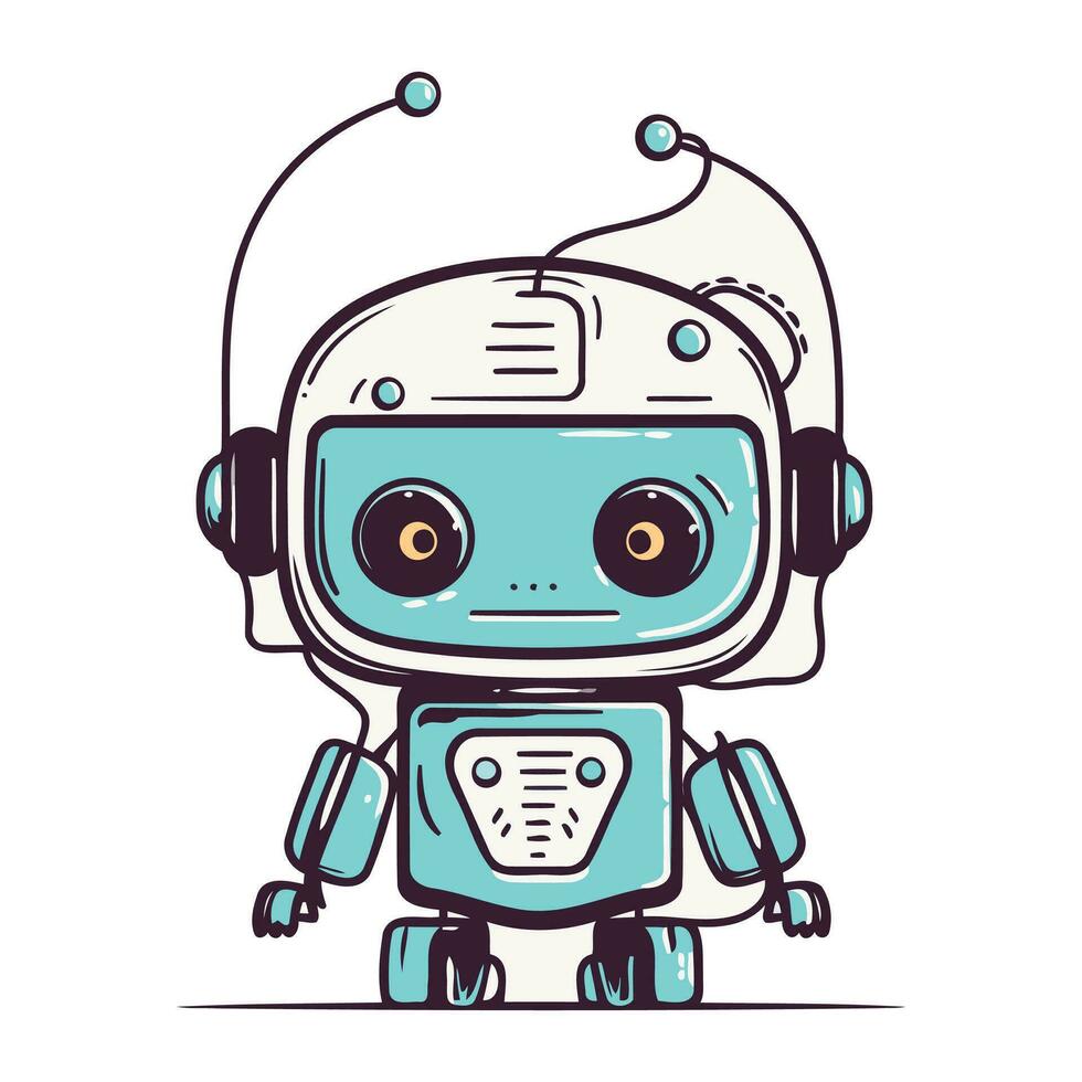 Cute little robot with headphones. Vector illustration in cartoon style.