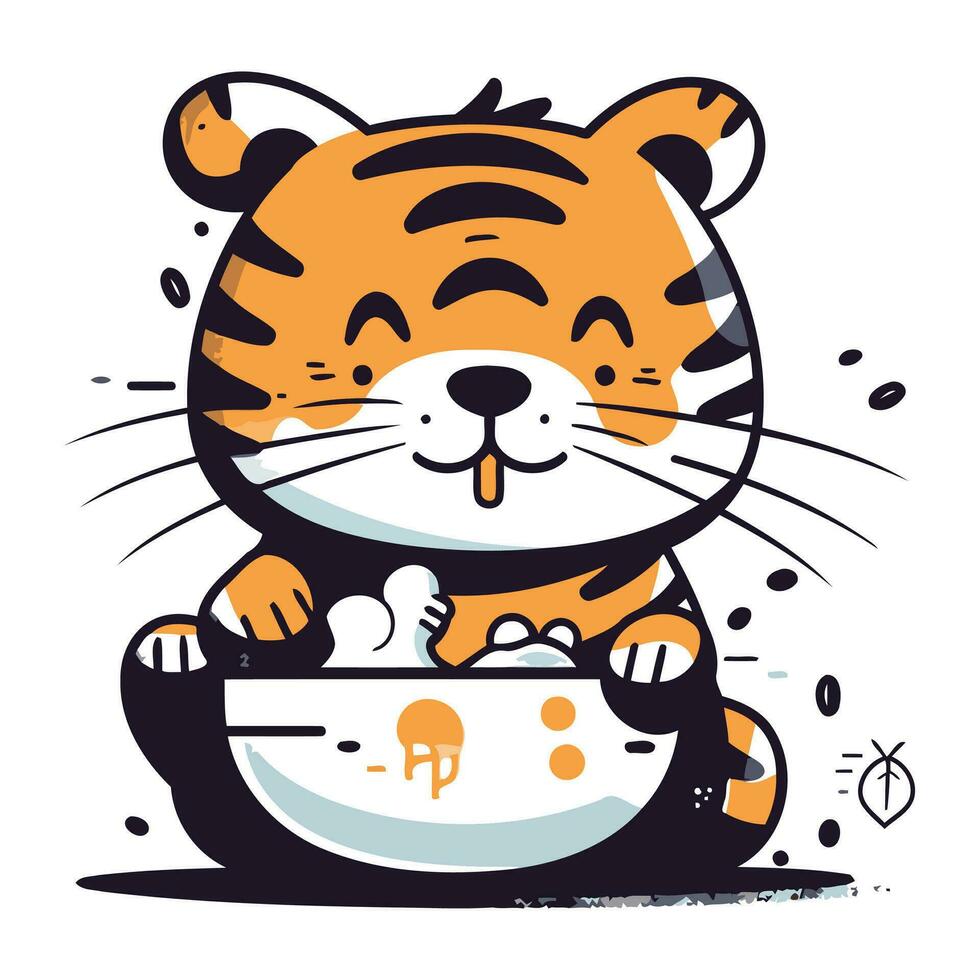 Cute cartoon tiger in a bowl with rice. Vector illustration.