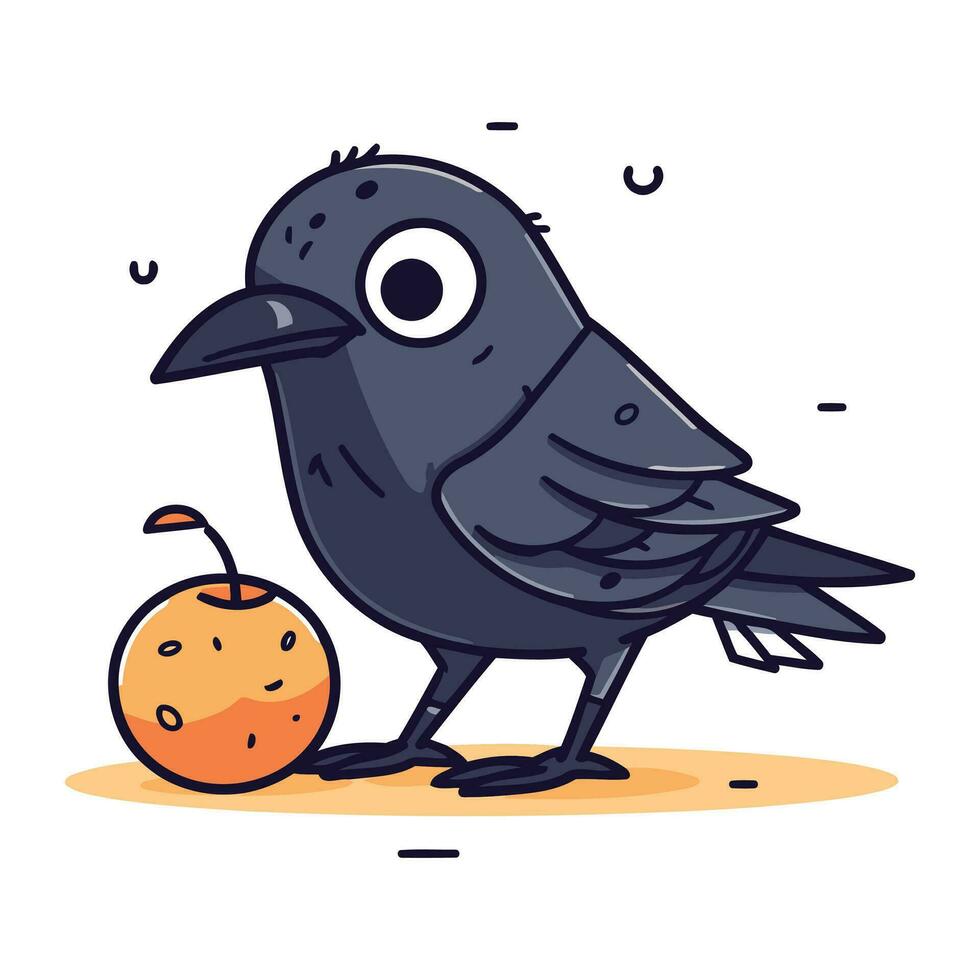 Cute black crow with apple. Vector illustration in cartoon style.
