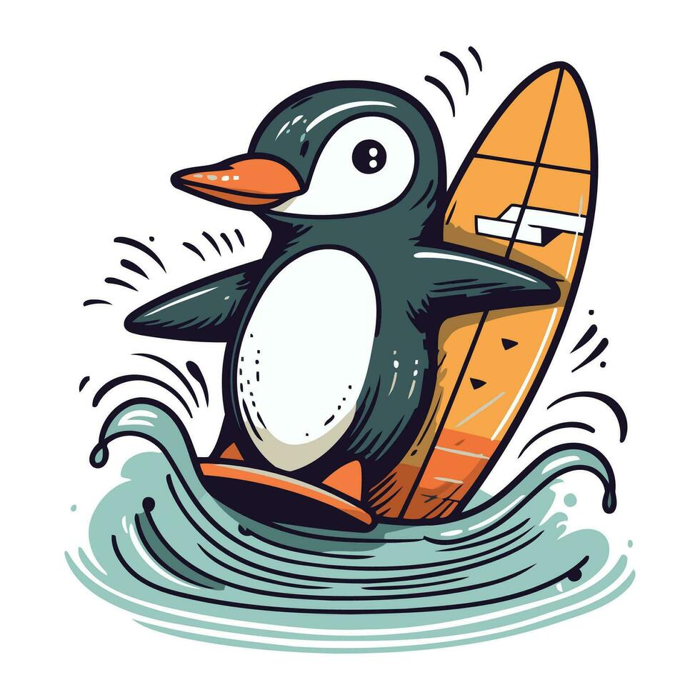 Penguin with surfboard. Vector illustration in cartoon style.