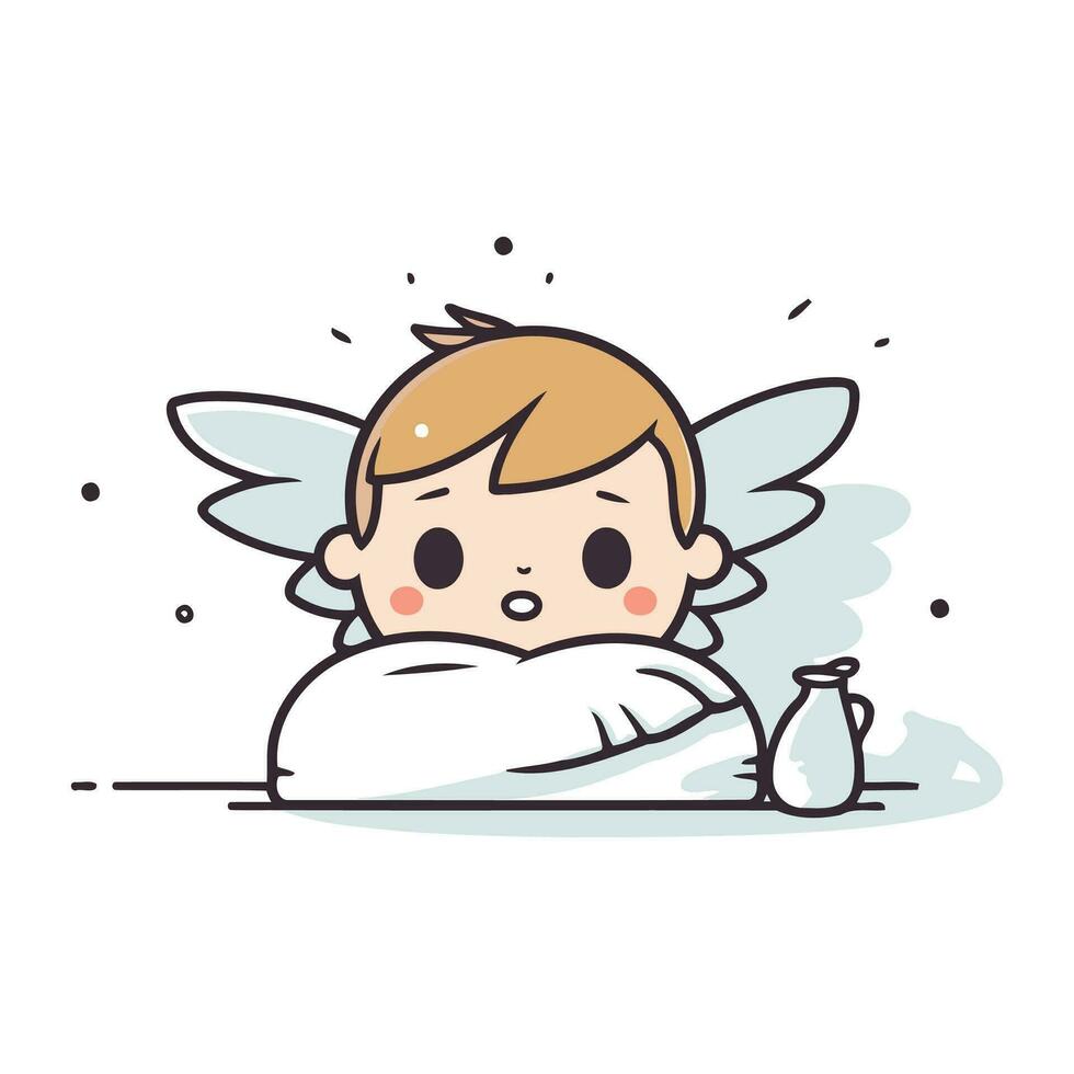 Cute little angel with milk bottle. Vector illustration in cartoon style.