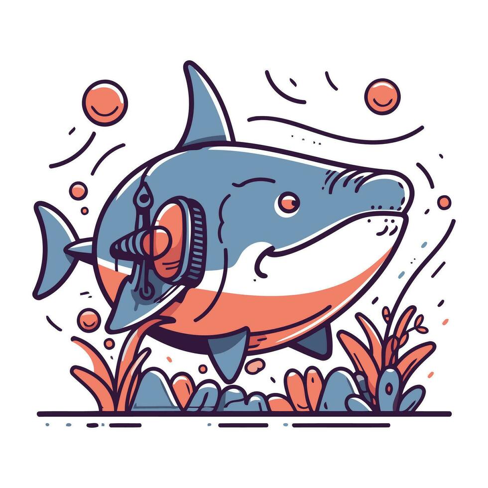 Cute shark swimming in the sea. Vector illustration in cartoon style.